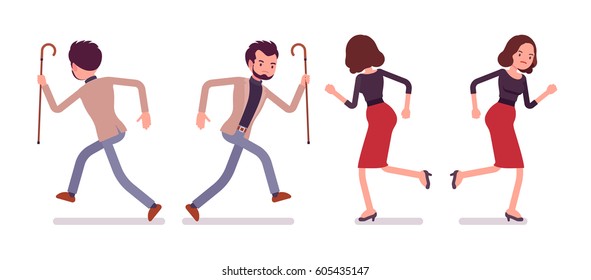 Set of young unhappy lady and gentleman in elegant smart casual wear, running pose, holding stick, escaping fast from each other, full length, front, rear view isolated, white background