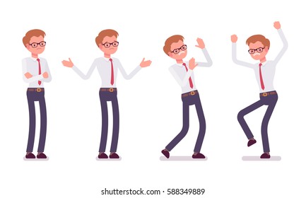 Set of young unhappy male clerk in smart formal wear, showing negative emotions, puzzled worker, troubled with deadline, crossed hands, stamping feet, full length, isolated against white background