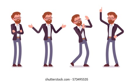 Set of young unhappy male manager in formal wear, showing negative emotions, lack of funding, bad business decision, crisis, crossed hands, aggressive, full length, isolated against white background