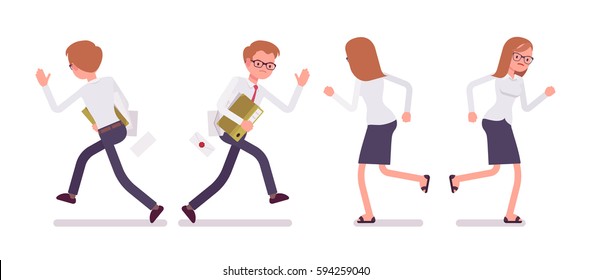 Set of young unhppy male and female busy clerk in a smart formal wear, white-collar workers in running poses, performing urgent office tasks, full length, front, rear view isolated, white background