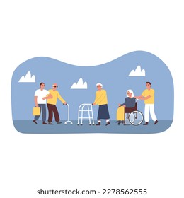 Set of young volunteers helping people with disability. Activists helping elderly persons with rehabilitation. Support for people with special needs. Social active youth. Vector