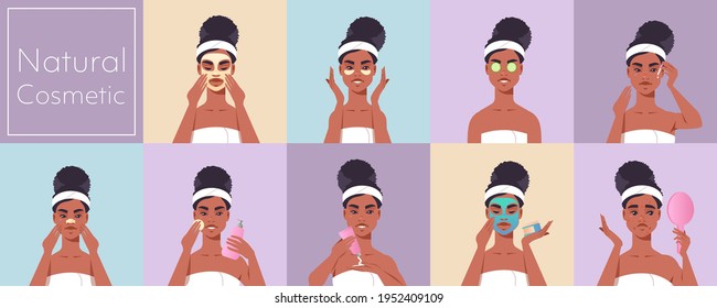 set young woman applying face mask dressed in towel african american girl cleaning and care her face skincare spa makeup facial treatment natural cosmetic concept portrait horizontal