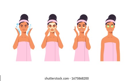 set young woman applying makeup dressed in towel girl cleaning and care her face skincare spa relax facial treatment concept portrait horizontal vector illustration