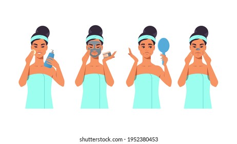 set young woman applying makeup dressed in towel girl cleaning and care her face skincare spa relax facial treatment concept portrait horizontal