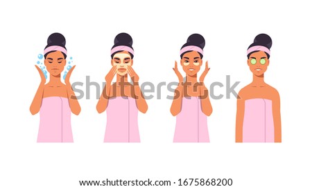 set young woman applying makeup dressed in towel girl cleaning and care her face skincare spa relax facial treatment concept portrait horizontal vector illustration