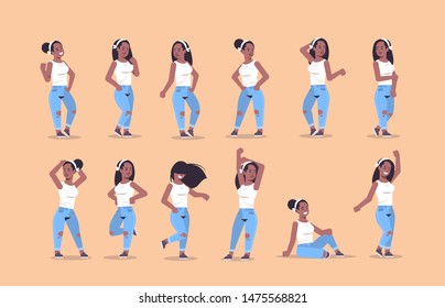 Set of young woman in casual clothes standing in different poses. Smiling african american female cartoon character collection.