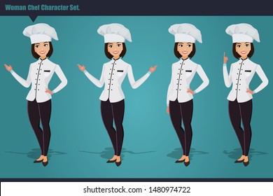 Set of a young woman Chef working character vector design, with hand poses, Presentation in various action. Professional chef set ,Vector illustration cartoon character.