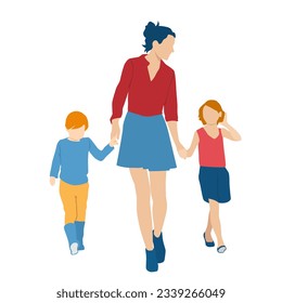  Set of young  woman with children, different colors, cartoon character, group of silhouettes of walking  people, family, the design concept of flat icon, isolated on white background