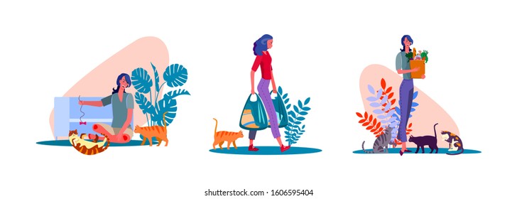 Set of young woman with cute cats. Flat vector illustrations of cat owner playing with pets, carrying bags. Pet owner concept for banner, website design or landing web page