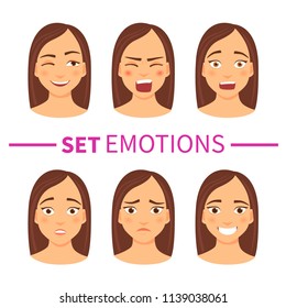 Set of young woman with different emotions.  Vector illustration of a flat design