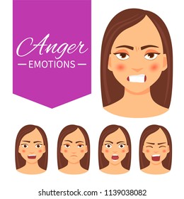 Set of young woman with different emotions. Angry.