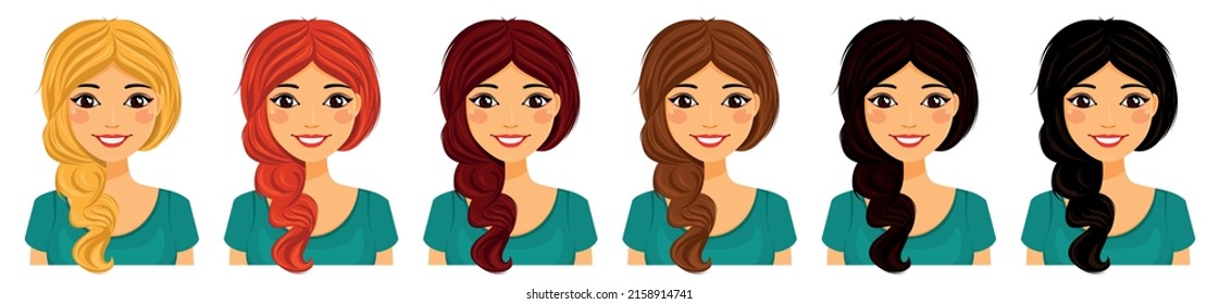 Set. Young woman with different hair. Flat style on a white background. Cartoon.