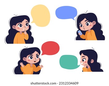 Set of young woman in different poses. Cartoon character with speech bubble for text. Cute girl happy tells something. Vector illustration isolated on white background.