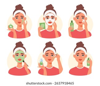 Set of a young woman doing skincare routine. Facial cleansing, applying mask, cream, serum and spray. Daily beauty steps for healthy glowing skin. Flat vector illustration in cartoon style