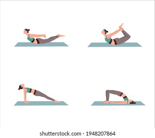 Set of young woman doing yoga isolated white background flat vector illustration. Yoga at home for healthy life.