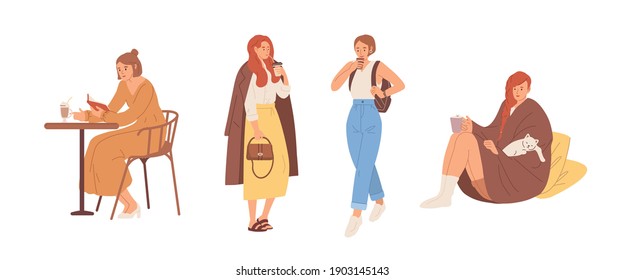 Set of young woman drinking coffee sitting at home, in cafe and on the go. Collection of people enjoying hot tea in glass, mug and paper cup. Flat vector illustration isolated on white background