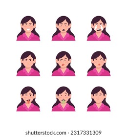 Set Of Young Woman Face Expression Avatars Vector
