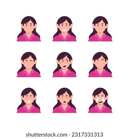 Set Of Young Woman Face Expression Avatars Vector