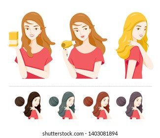 Set Of Young Woman With Hair Dye And Different Hair Colors, Nourishing, Beauty, Fashion, Hairstyle, Scalp