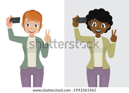 Set young woman in hat smiling and gesturing peace sign while taking selfie photo