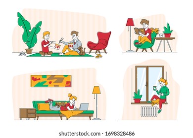 Set Young Woman and her Cat Characters. Girl Spend Time at Home Alone and Dating with Boyfriend Eating Chinese Food, Reading Book with Pet. Weekend Leisure, Relax. Linear People Vector Illustration