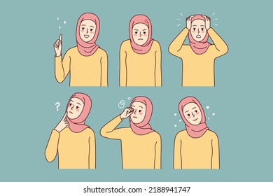 Set of young woman in hijab. Collection of Muslim female in traditional clothes showing different emotions. Vector illustration. 