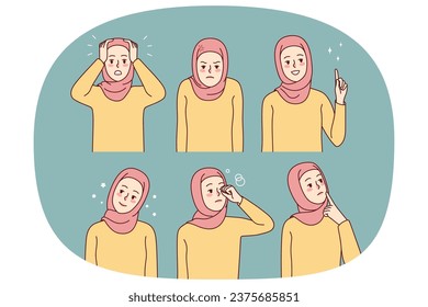 Set von jungen Frauen in Hijab. Sammlung von muslimischen Frauen in traditionellen Kleidung, die verschiedene Emotionen zeigen. Vektorgrafik.