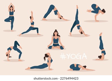 A set of  a young woman performing 10 physical exercises and demonstrating  yoga asanas  on light background. Flat vector illustration.