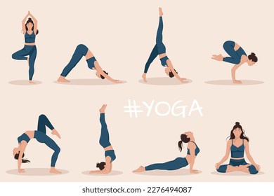 Un grupo de una joven realizando 8 ejercicios físicos y demostrando asanas de yoga en el fondo de la luz. Ilustración vectorial plana.