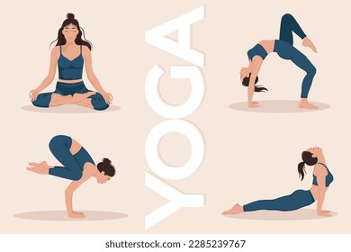 A set of a young woman performing physical exercises and demonstrating yoga asanas on light background. Flat vector illustration.
