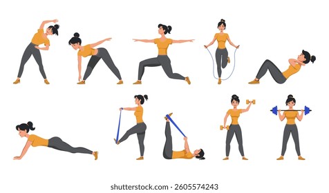 Set young woman performing various fitness exercises gym workout poses stretching training