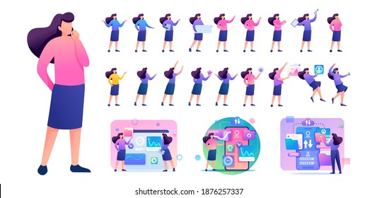 Set of Young Woman. Presentation in various in various poses and actions. 2D Flat character vector illustration N13.