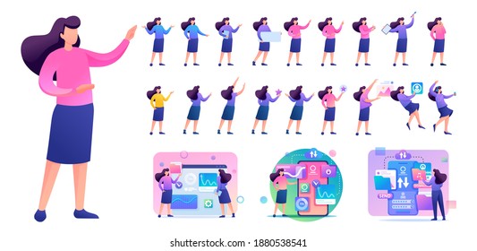 Set of Young Woman. Presentation in various in various poses and actions. 2D Flat character vector illustration N8.