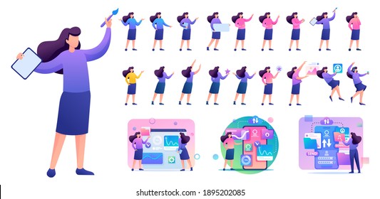 Set of Young Woman. Presentation in various in various poses and actions. 2D Flat character vector illustration N2.