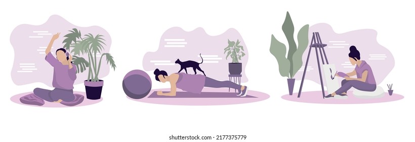 Set of young woman relaxing at home