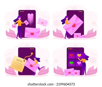 Set of young woman sending pink envelope or e-mail in application on smartphone, drawing in cartoon character, vector illustration