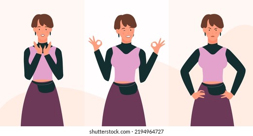 Set of young woman showing different emotion. Human facial expressions, angry girl, surprised face and feeling okay flat vector illustration