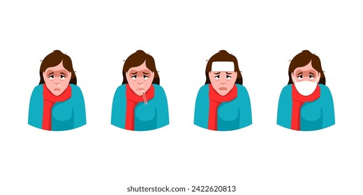 Set of young woman sick on isolated background, Vector illustration.