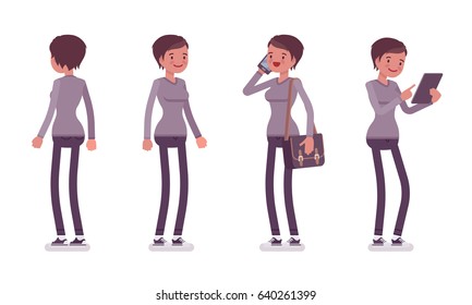 Set of young woman, smart casual dressing, skinny jeans, holding messenger bag, standing pose, using gadget, front, rear view, vector flat style cartoon illustration, isolated, white background