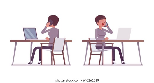 Set of young woman, smart casual dressing, sitting at the desk, working with laptop, talking on phone, surprised, vector flat style cartoon illustration, isolated, white background, front, rear