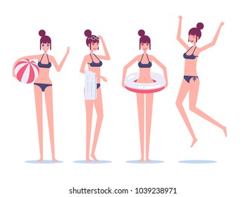 Set young woman in summer beach wear enjoying summer vacations standing in various poses on white. Joyful woman in bikini and sunglasses standing with ball, towel, swim ring and jumping vector flat.