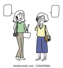 Set of young woman talking on the phone. Cheerful women talking on the phone. Two female friends calling each other asking where they are then they meeting up. Word bubbles included. Hand-drawn vector