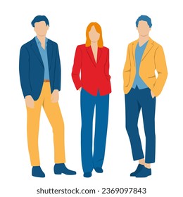  Set of young woman and two men, different colors, cartoon character, group of silhouettes of standing business people, students, design concept of flat icon, isolated on white background