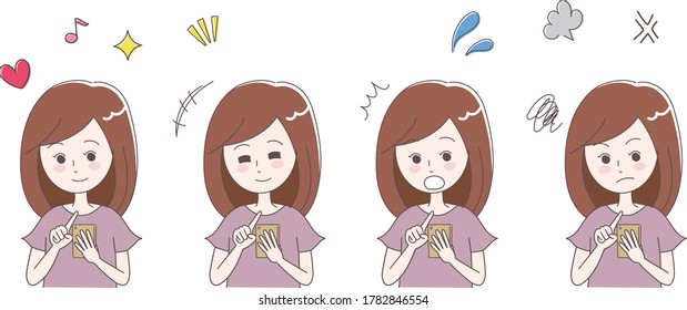 Set of young woman using mobile smart phone. Vector illustration