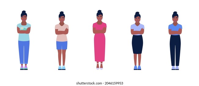 Set of young woman with various clothes. Vector illustration in a flat style