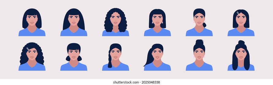 Set of young woman with various hairstyles. Vector illustration in a flat style
