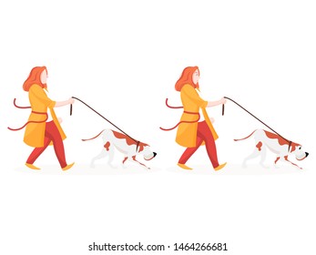 Set of young woman walking dog on white background.