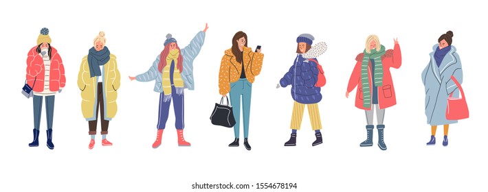 Set of young woman in winter clothers. People in winter style. Hand-drawn vector illustration.