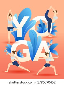 set of young woman in yoga pose with orange yoga letter concept background. cute vector illustration concept in flat style young woman in meditation yoga position.