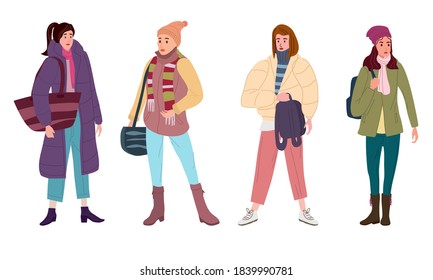 Set Young womans in trendy autumn clothes street fashionable style outwear female. Trendy vector style isolated